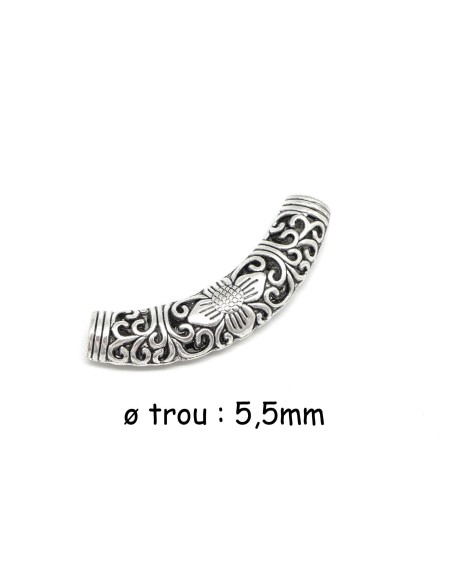 Perle tube passant en métal argenté, incurvé à gros trou motif fleur pour cordon de 5mm