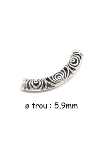 Perle tube passant en métal argenté, incurvé à gros trou motif spirale pour cordon de 5mm