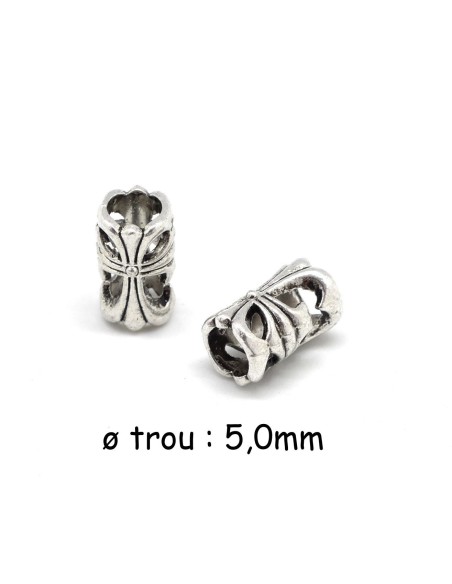 Perle tube en métal argenté ajouré à gros trou 5mm style ethnique
