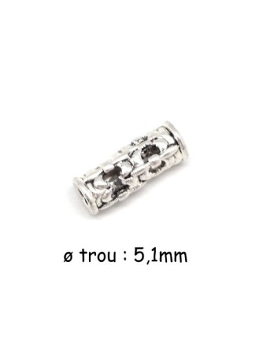 Perle tube passant en métal argenté filigrane à gros trou pour cordon cuir de 5mm