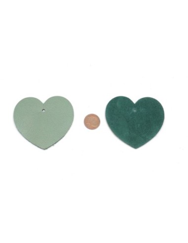 Pendentif coeur en cuir vert amande souple 6cm pour création porte clé