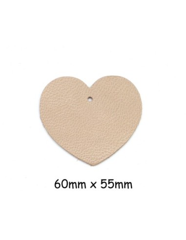 Grand Pendentif coeur en cuir beige sable souple 6cm