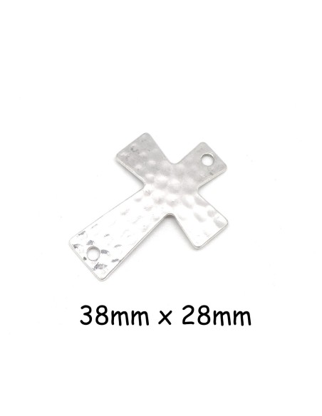 Perle de jonction, connecteur Croix en métal argenté brillant martelé