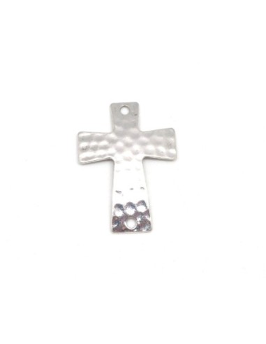 Perle connecteur Croix en métal argenté brillant martelé pas chère
