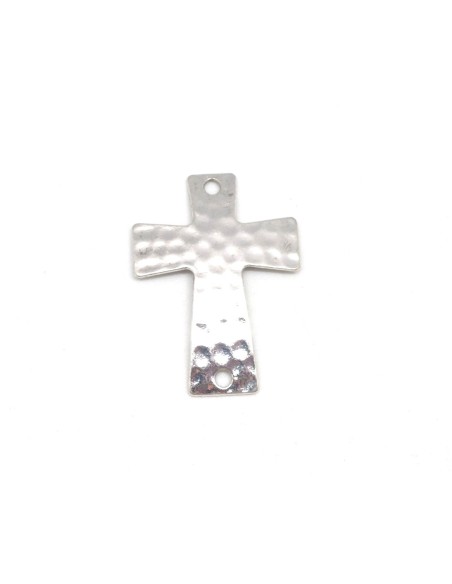 Perle connecteur Croix en métal argenté brillant martelé pas chère