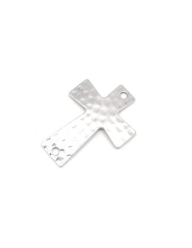 Perle de jonction pas chère Croix en métal argenté brillant martelé