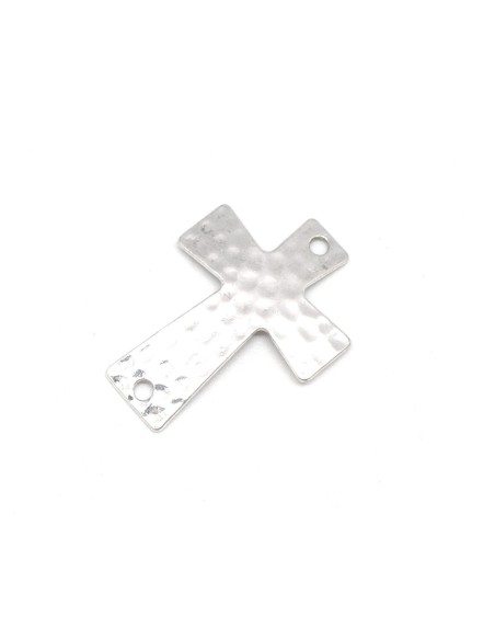 Perle de jonction pas chère Croix en métal argenté brillant martelé