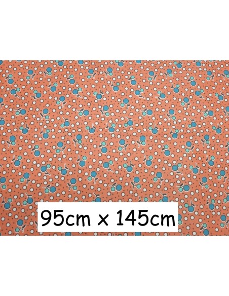coupon tissus orange pastel motif cerise 95cm x 145cm