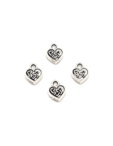 petit pendentif coeur en métal argenté gravé style ethnique, celtique