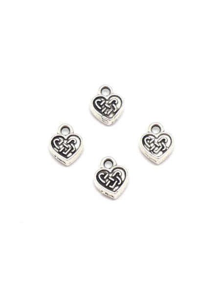 petit pendentif coeur en métal argenté gravé style ethnique, celtique