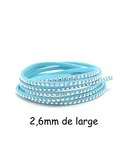 cordon de suédine fine strassée argenté bleu cyan Aspect daim