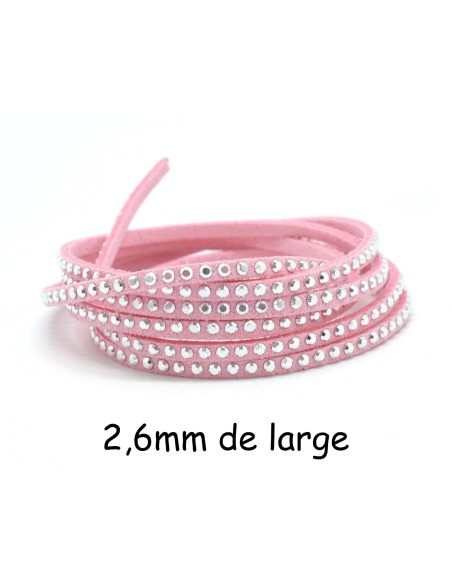 cordon de suédine fine strassée argenté rose pastel Aspect daim