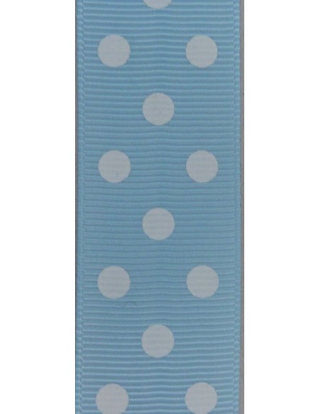 R- 50cm de Ruban Galon 25mm plat à pois blancs sur fond bleu ciel
