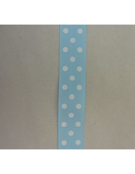R- 50cm de Ruban Galon 25mm plat à pois blancs sur fond bleu ciel