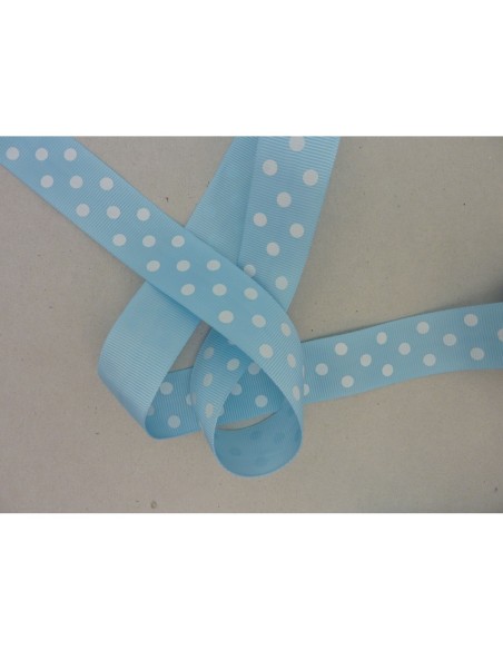 R- 50cm de Ruban Galon 25mm plat à pois blancs sur fond bleu ciel