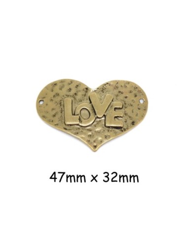 Perle coeur Love connecteur en métal martelé doré pâle bronze 47mm