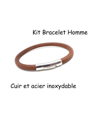 Kit bracelet homme cuir marron et fermoir acier inoxydable