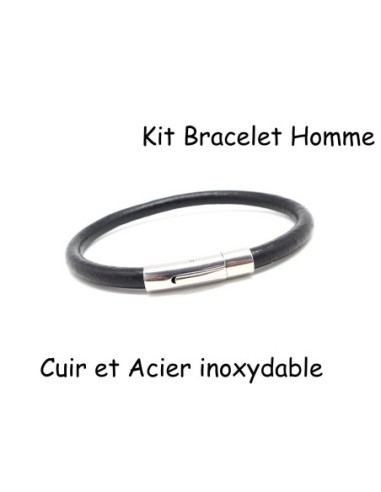 Kit bracelet homme cuir noir et fermoir acier inoxydable 6mm