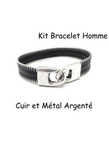 Kit bracelet homme cuir noir et fermoir crochet en métal argenté