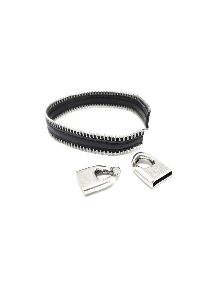bracelet homme cuir noir et fermoir crochet en métal argenté