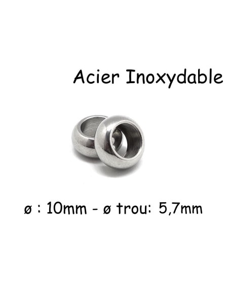 Perle rondes donut à gros trou en acier inoxydable argenté 10mm