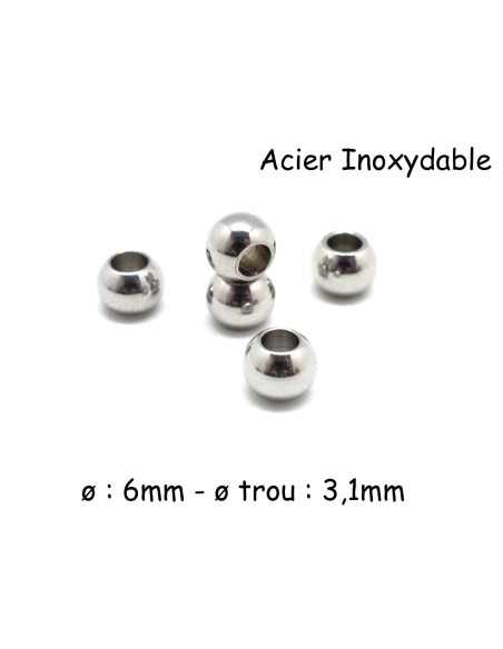 Perle ronde en acier inoxydable argenté 6mm à gros trou