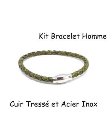 Kit bracelet homme cuir tressé vert olive et fermoir aimanté en acier inoxydable
