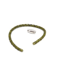 Kit bracelet homme cuir tressé vert olive et fermoir aimanté en acier inoxydable 2