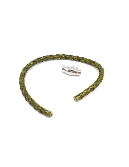 Bracelet homme cuir tressé vert olive et fermoir aimanté en acier inoxydable