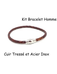 Kit bracelet homme cuir tressé marron et fermoir aimanté en acier inoxydable 5mm