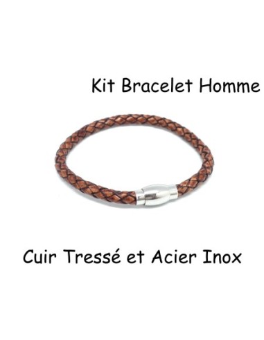 Kit bracelet homme cuir tressé marron et fermoir aimanté en acier inoxydable 6mm