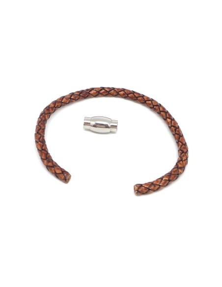 bracelet homme cuir tressé marron et fermoir aimanté en acier inoxydable 6mm