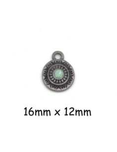 Pendentif sequin argenté gris foncé en métal avec strass vert pastel 16mm