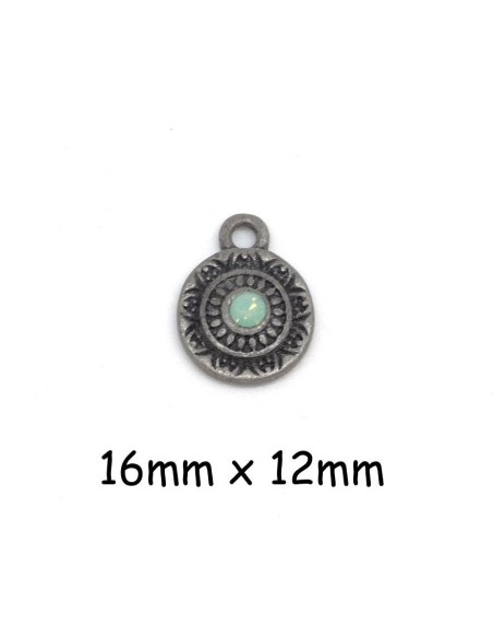 Pendentif sequin argenté gris foncé en métal avec strass vert pastel 16mm