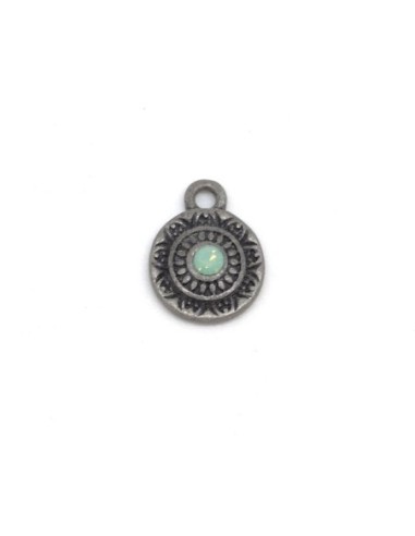 Charm sequin argenté gris foncé en métal avec strass vert pastel 16mm