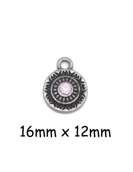 Pendentif rond argenté gris foncé en métal avec strass rose pastel