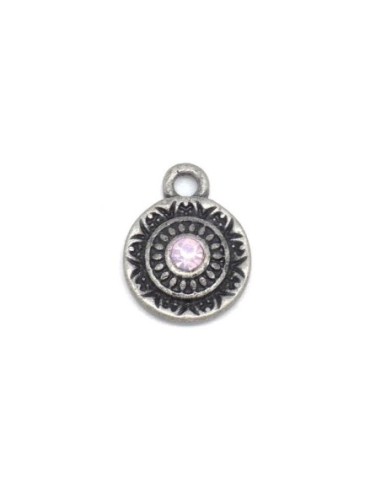 Breloque médaillon argenté gris foncé en métal avec strass rose pastel