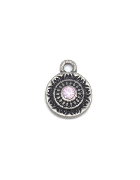 Breloque médaillon argenté gris foncé en métal avec strass rose pastel
