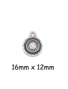 Breloque sequin en métal argenté avec strass rose pastel style ethnique