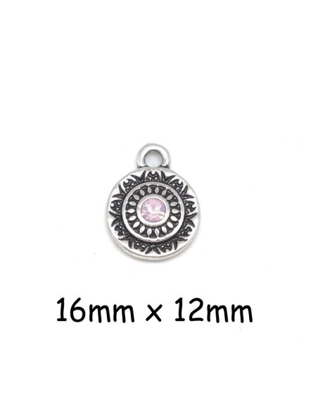 Breloque sequin en métal argenté avec strass rose pastel style ethnique