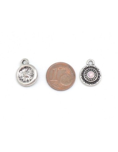Charm rond en métal argenté avec strass rose pastel style ethnique