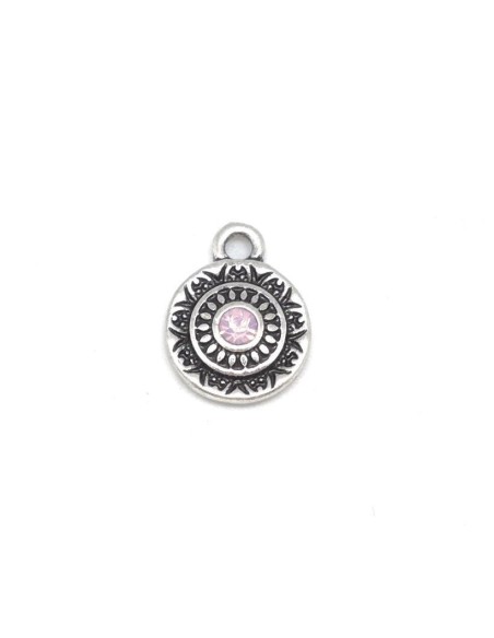 Pendentif sequin en métal argenté avec strass rose pastel style ethnique