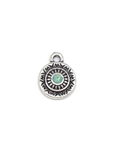 Pendentif sequin en métal argenté avec strass vert pastel style ethnique