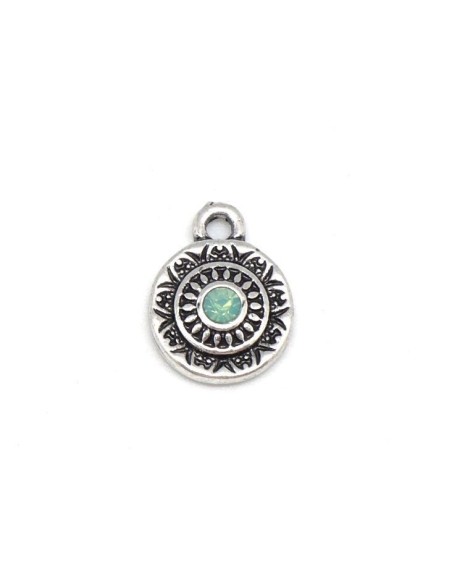 Pendentif sequin en métal argenté avec strass vert pastel style ethnique