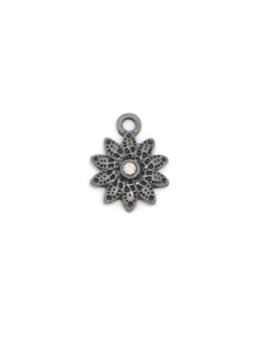 Pendentif fleur argenté gris foncé en métal avec strass blanc pastel