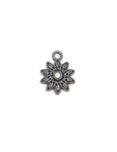 Pendentif fleur argenté gris foncé en métal avec strass blanc pastel