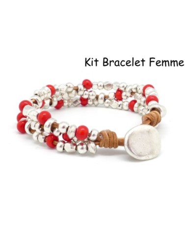 KIT Bracelet cuir femme, perle argenté et perle rouge - Bracelet Mila