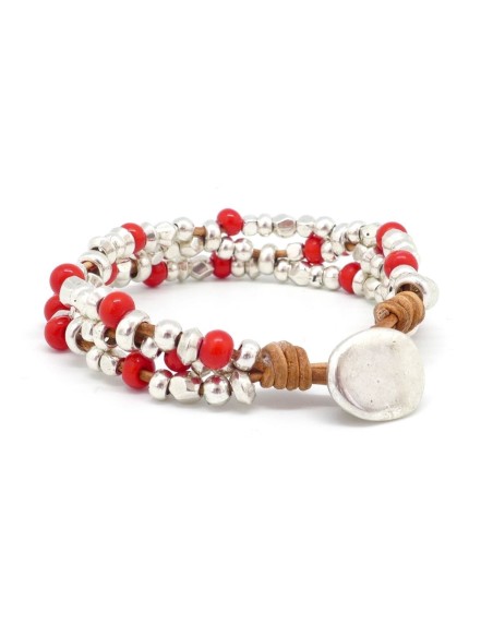 KIT créatif Bracelet cuir femme, perle argenté et perle rouge - Bracelet Mila