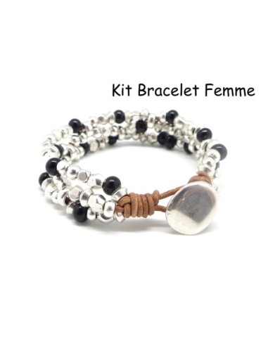 KIT Bracelet femme cuir, perle argenté et perle noire - Bracelet Mila