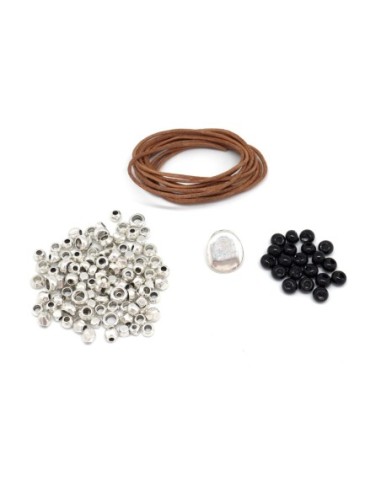 KIT Bracelet femme cuir, perle argenté et perle noire - Bracelet Mila